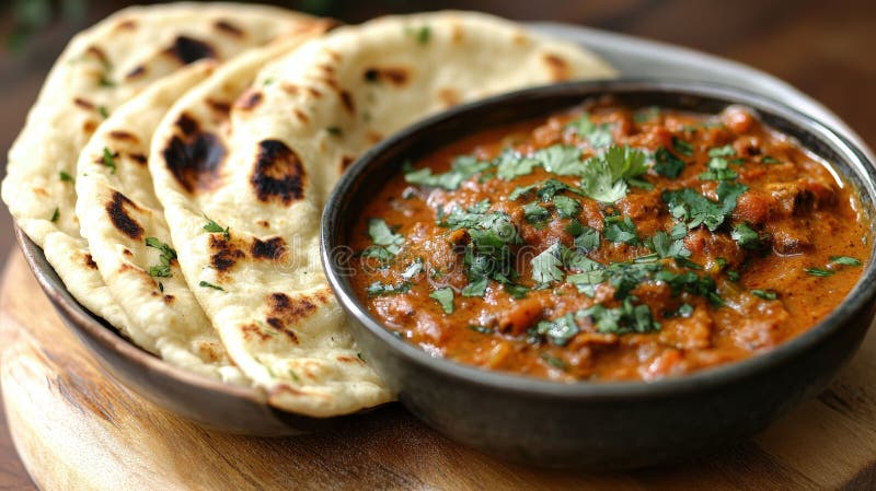 Äkta kycklingtikka masala med naan bröd och koriander stock illustrationer