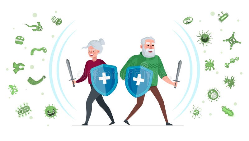 Äldre hälsovård och epidemiologi. Äldre man och äldre kvinna med skydd mot virus och bakterier royaltyfri illustrationer