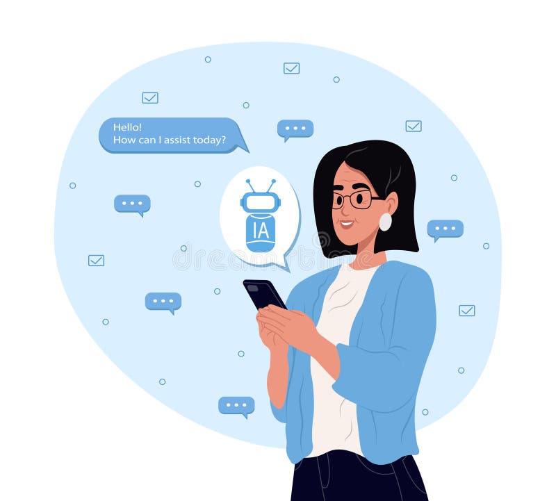 Äldre kvinnor använder tekniken med en smart ai robot. chattbegrepp artificiell intelligens. dialog mellan parterna. dialog mellan assistenten och användaren i budbäraren.