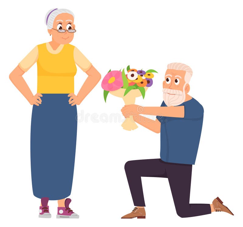 Äldre man ger blomsterbouquet till äldre kvinna. romantiskt äldre par royaltyfri illustrationer