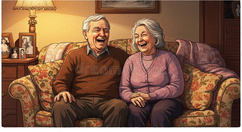 Äldre par som sitter på en blommig soffa och skrattar ihop. Mannen bär vektor illustrationer