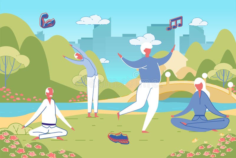 Äldre personer praktiserar ett kinesiskt qigong-system. stock illustrationer
