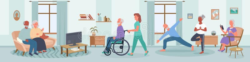 Elderly people care in nursing home vector illustration. Cartoon happy senior man woman characters do yoga sport exercises, read books in room interior, disabled person in wheelchair with nurse. Elderly people care in nursing home vector illustration. Cartoon happy senior man woman characters do yoga sport exercises, read books in room interior, disabled person in wheelchair with nurse