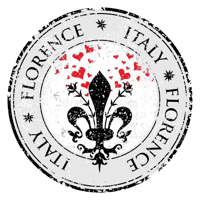 Älska hjärta till fleuren de lis av Florence, den rubber stämpeln för loppdestinationsgrunge med symbol av Florence, Italien inom stock illustrationer Älska hjärta till fleuren de lis av Florence, den rubber stämpeln för loppdestinationsgrunge med symbol av Florence, Italien inom stock illustrationer