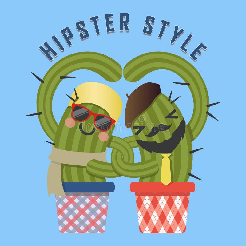 Älska par av hipsterkaktusarmen i arm royaltyfri illustrationer