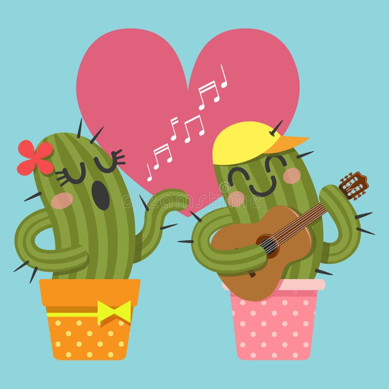 Älska par av kaktuns som sjunger och spelar gitarren stock illustrationer