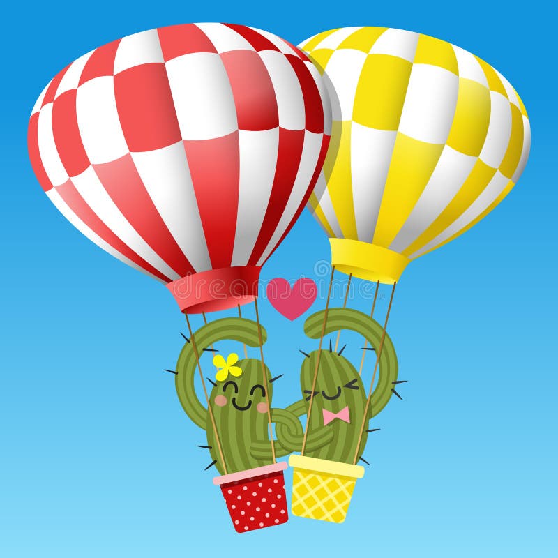 Älska par av kaktusarmen i arm med ballongen för varm luft royaltyfri illustrationer