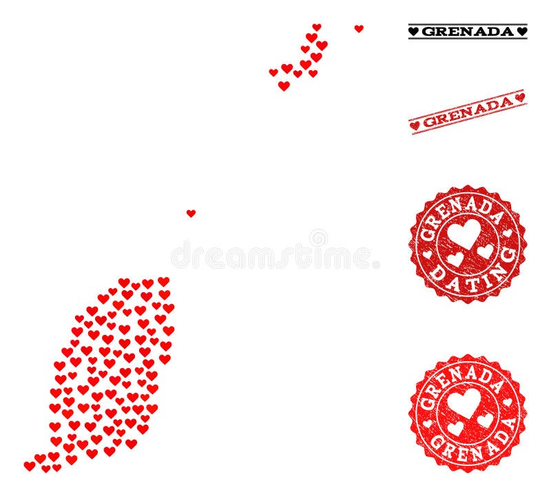 Älskvärd collageöversikt av Grenada öar och Grungestämplar för valentin vektor illustrationer Älskvärd collageöversikt av Grenada öar och Grungestämplar för valentin vektor illustrationer
