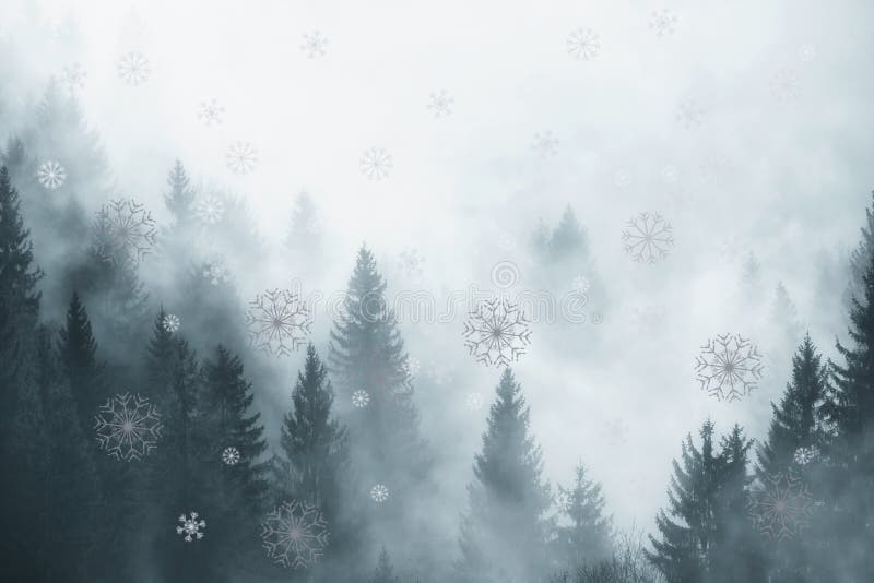 Älskvärd dimmig vinterskog med snöfall stock illustrationer Älskvärd dimmig vinterskog med snöfall stock illustrationer