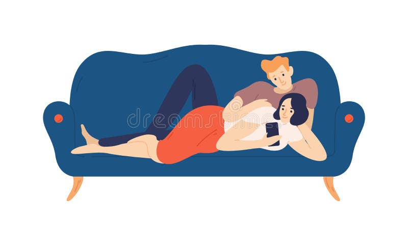 Älskvärd pojke och flicka som ligger på den hemtrevliga soffan och surfar internetnolla-smartphonen Gulliga par på den väl till m vektor illustrationer Älskvärd pojke och flicka som ligger på den hemtrevliga soffan och surfar internetnolla-smartphonen Gulliga par på den väl till m vektor illustrationer