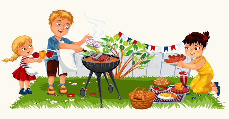 Älskvärd vänlig familj som har den trevliga picknicken i trädgård royaltyfri illustrationer