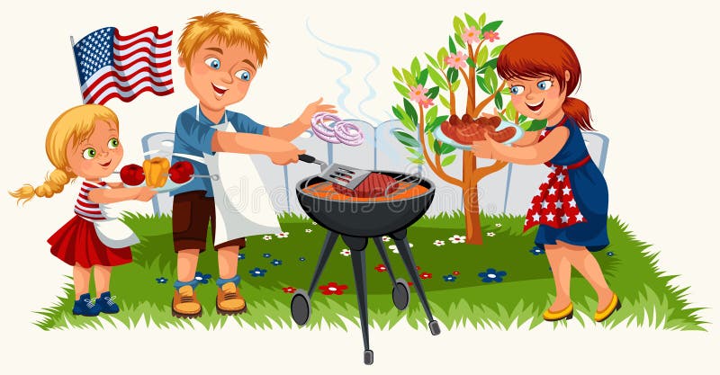 Älskvärd vänlig familj som har den trevliga picknicken i trädgård vektor illustrationer
