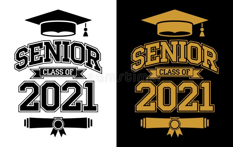 Senior Class of 2021 for greeting, invitation card. Text for graduation design, congratulation event, T-shirt, party, high school or college graduate. Illustration, vector on transparent and black background. Senior Class of 2021 for greeting, invitation card. Text for graduation design, congratulation event, T-shirt, party, high school or college graduate. Illustration, vector on transparent and black background