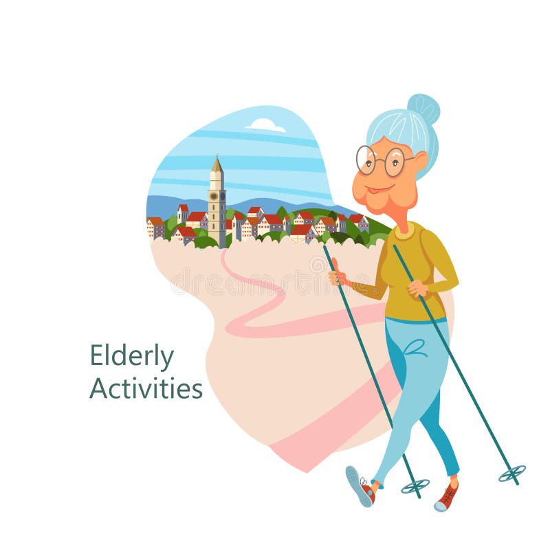 An elderly woman is engaged in Nordic walking. Grandmother leads a healthy lifestyle. She goes in for sports and Hiking. Vector illustration. An elderly woman is engaged in Nordic walking. Grandmother leads a healthy lifestyle. She goes in for sports and Hiking. Vector illustration.