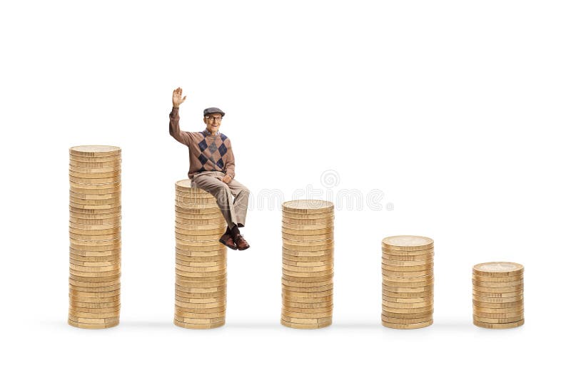 Ältere Menschen sitzen auf einem Stapel Münzen und winkeln stockbild