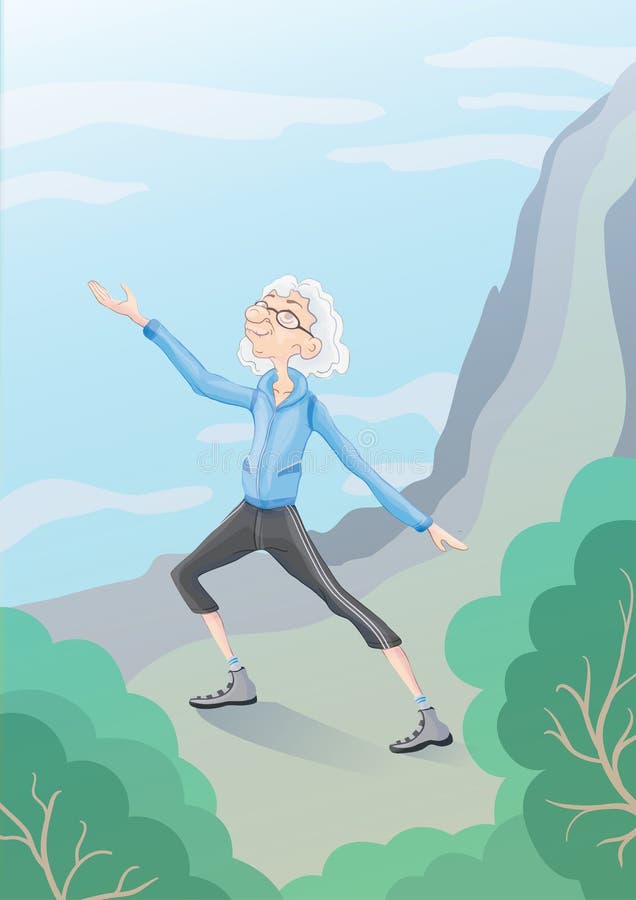 Elderly gray-haired man practicing Taiji or Wushu gymnastics in nature. Active lifestyle and sport activities in old age. Vector illustration. Elderly gray-haired man practicing Taiji or Wushu gymnastics in nature. Active lifestyle and sport activities in old age. Vector illustration.