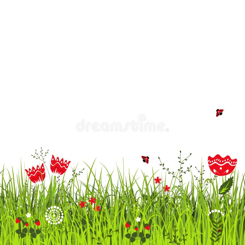 Äng i solig sommardag Nyckelpigor som flyger ovanför gräset med blommor vektor illustrationer Äng i solig sommardag Nyckelpigor som flyger ovanför gräset med blommor vektor illustrationer