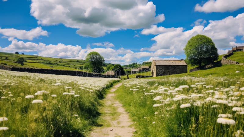 ängsväg i yorkshire : en serenfärd genom lush sceneri stock illustrationer