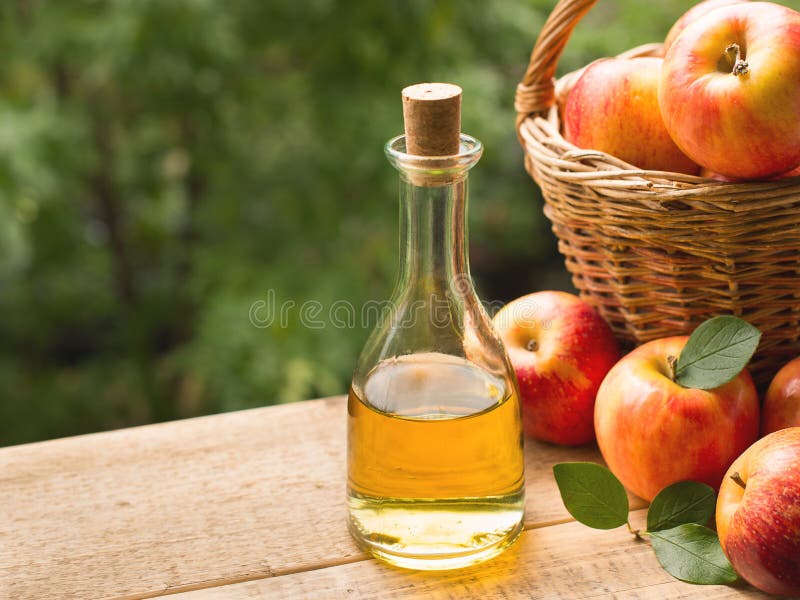 Äppelcidervinäger i flaska med äpplet arkivbild Äppelcidervinäger i flaska med äpplet arkivbild