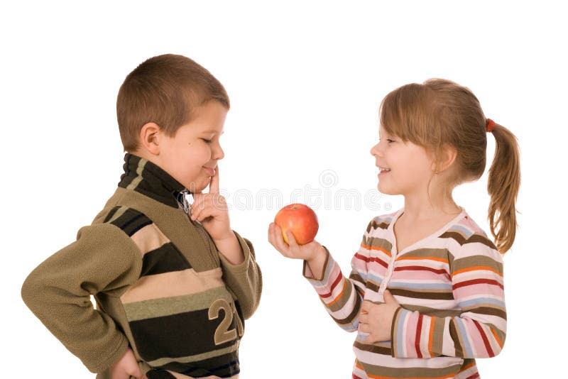 Two children and an apple, on a white background. Two children and an apple, on a white background