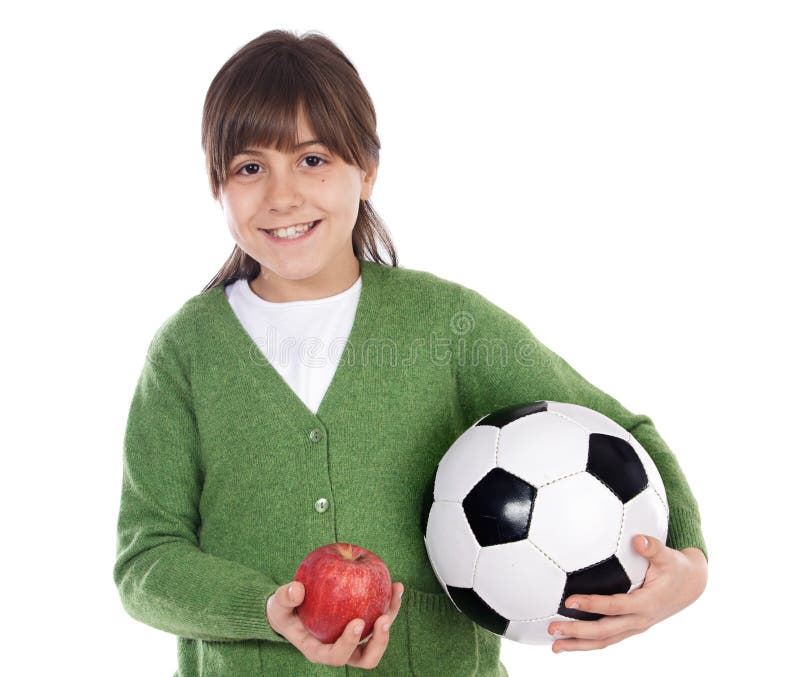 Girl whit ball and apple a over white background. Girl whit ball and apple a over white background