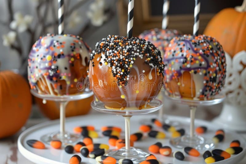 Äpplen av sockerkulör som dekoreras med festive sprinkles perfekt för halloween-högtider och höstbehandlingar vektor illustrationer