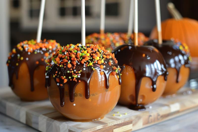 Äpplen av sockerkulör som dekoreras med festive sprinkles perfekt för halloween-högtider och höstbehandlingar vektor illustrationer