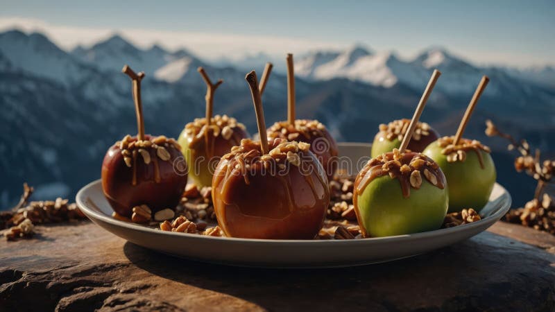 Äpplen från Caramel med nötter på berggrund royaltyfri illustrationer
