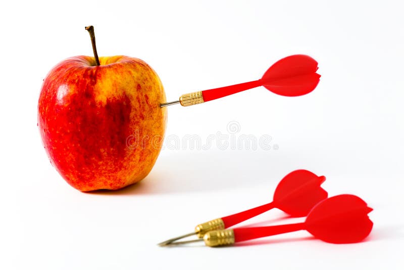 Red Apple with red Darts on White Background. Red Apple with red Darts on White Background