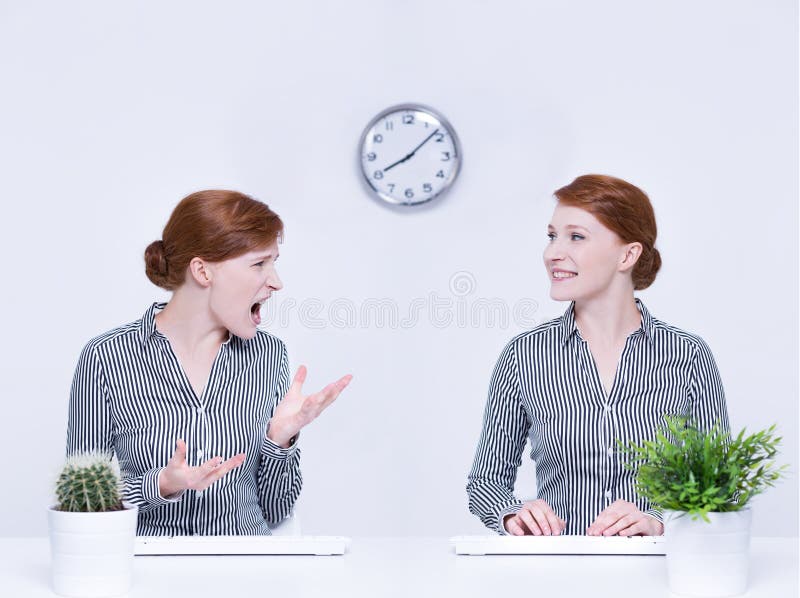 Anger and self-control of female employee in office. Anger and self-control of female employee in office