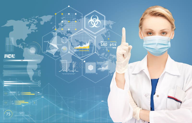 Ärztin in der medizinischen Maske Finger zu zeigen lizenzfreies stockbild