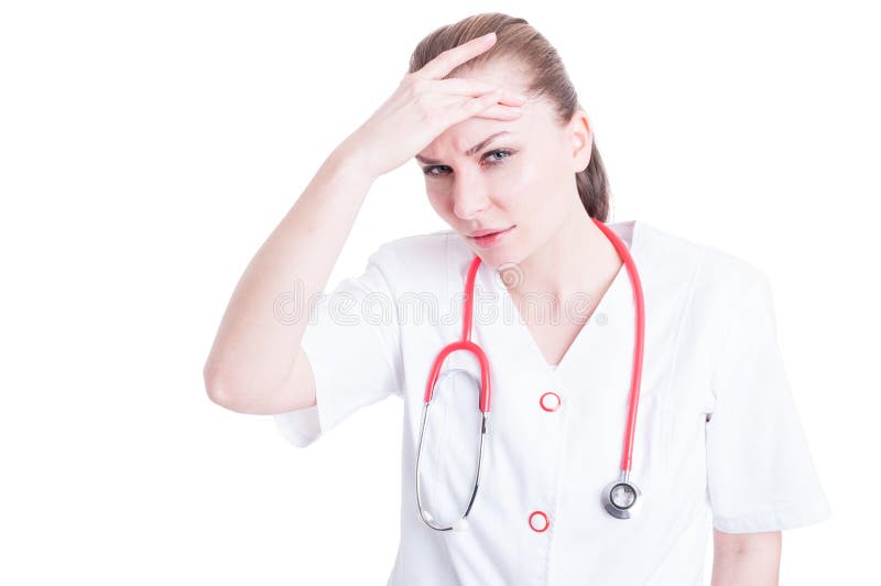 Ärztin mit den Hauptschmerz, die müde schauen und leiden lizenzfreies stockbild Ärztin mit den Hauptschmerz, die müde schauen und leiden lizenzfreies stockbild