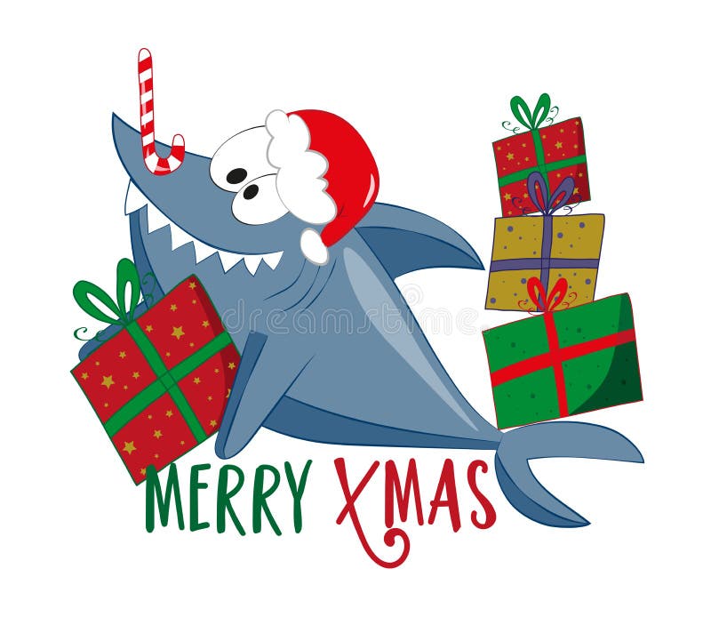 Ät xmas söt haj i Santa hat. julklappar och godis. vektor illustrationer