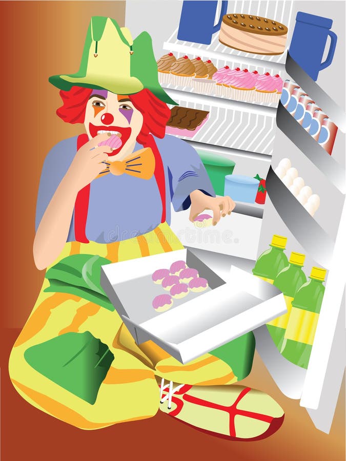Vector of a clown sitting in front of fridge eating cupcakes. Vector of a clown sitting in front of fridge eating cupcakes