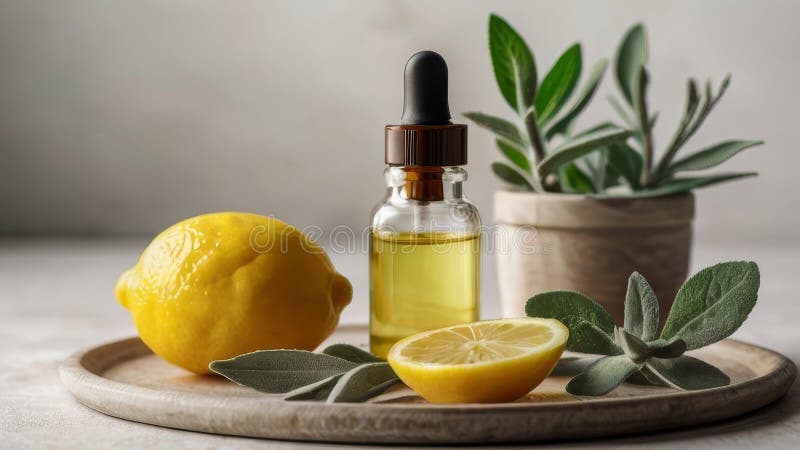 ätherisches Zitronenöl mit frischem Salbei stock abbildung