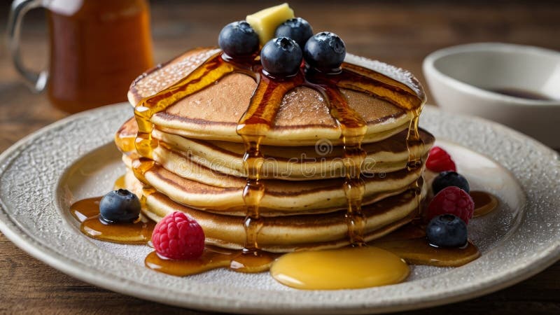 Ätlig skorsten av guldbruna pannkakor som dryftats med sirap stock illustrationer