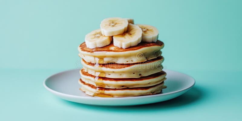 Ätlig skorsten av guldpannkakor med färska banantoppar royaltyfri illustrationer