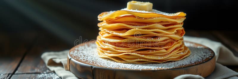 Ätliga skorsten av tunna guldpannkakor med smör och sockerpulver. stock illustrationer