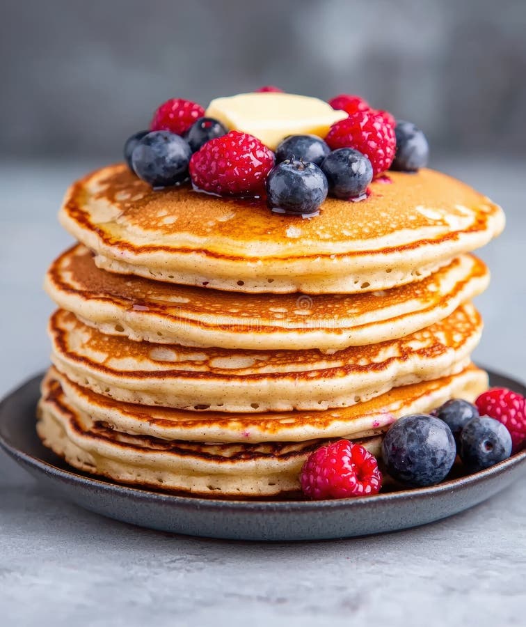 Ätliga skorstenar av fluffy pancakes med färska bär royaltyfri illustrationer
