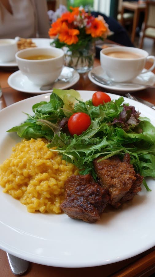 Ätmat med risotto-braiserat kött och grön sallad som serveras i ett kafé royaltyfria bilder