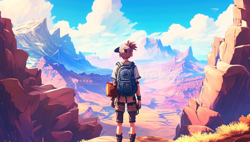 äventyrlig hiker i en drömvärld med ryggsäck stock illustrationer