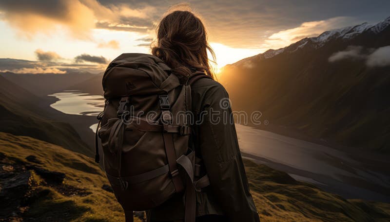 äventyrlig vandrare som står på det stora bergsberget och beundrar den andfållande dalen. stock illustrationer