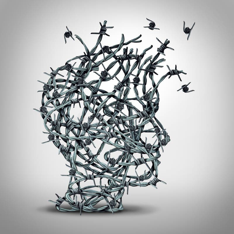 Anxiety solution and freedom from fear and escape from tortured thinking and depression concept as a group of tangled barbwire or barbed wire fence shaped as a human head breaking free as a metaphor for psychological or psychiatric icon. Anxiety solution and freedom from fear and escape from tortured thinking and depression concept as a group of tangled barbwire or barbed wire fence shaped as a human head breaking free as a metaphor for psychological or psychiatric icon.