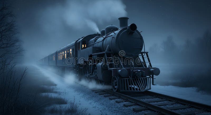 Ånglok som färdas på ett snöspår under natttider. Ångafflar från vektor illustrationer