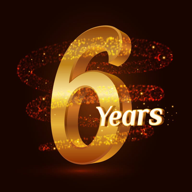 6 år guld- logoberöm för årsdag 3d med guld- blänka mousserande partiklar för spiral slinga för stjärnadamm Sex år annivers vektor illustrationer 6 år guld- logoberöm för årsdag 3d med guld- blänka mousserande partiklar för spiral slinga för stjärnadamm Sex år annivers vektor illustrationer