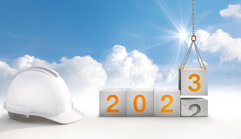 The year 2023 in the concrete cube. The construction crane is lifting the new number 3 to replace the old number 2. The year 2023 in the concrete cube. The construction crane is lifting the new number 3 to replace the old number 2.