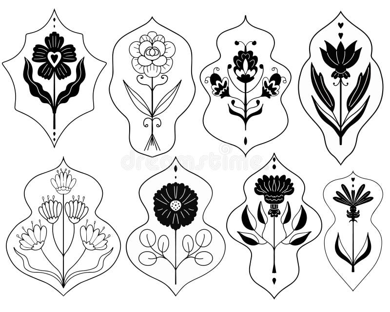 årgång linocut blommor set dekorativ stiliserad svart- och vit blomma. dockningsformatgrafik för förhandsgranskning. prydnadsdjur royaltyfri illustrationer