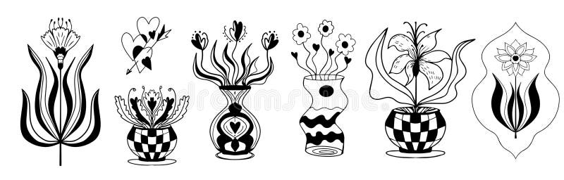 årgång linocut blommor set dekorativ stiliserad svart- och vit blomma. dockningsformatgrafik för förhandsgranskning. prydnadsdjur royaltyfri illustrationer
