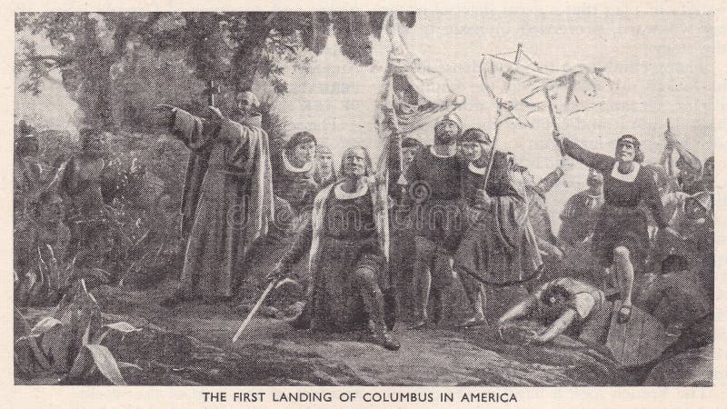 årgångsillustration av den första landningen av columbus i america.