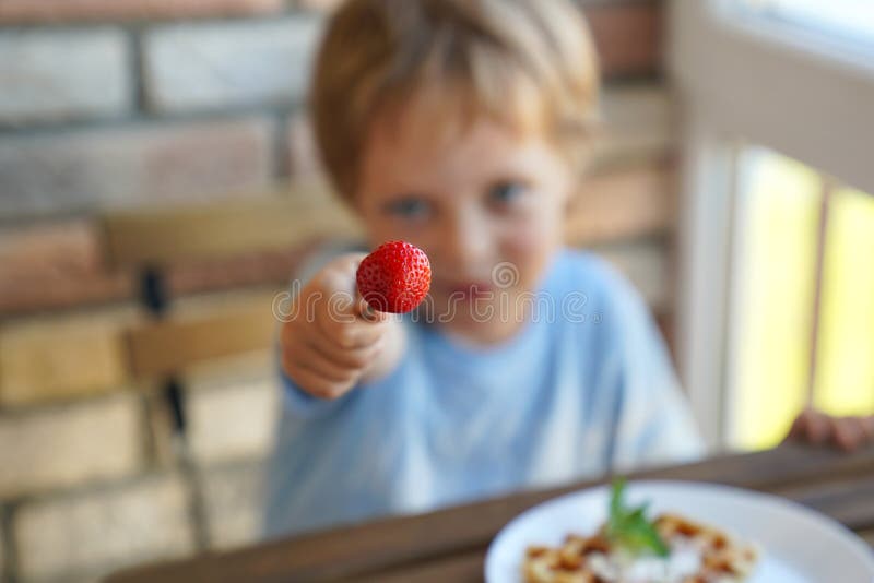 Årig caucasian pojke lyckliga 5 att äta för wienska dillandear för frukost med glass och jordgubbar royaltyfri bild Årig caucasian pojke lyckliga 5 att äta för wienska dillandear för frukost med glass och jordgubbar royaltyfri bild